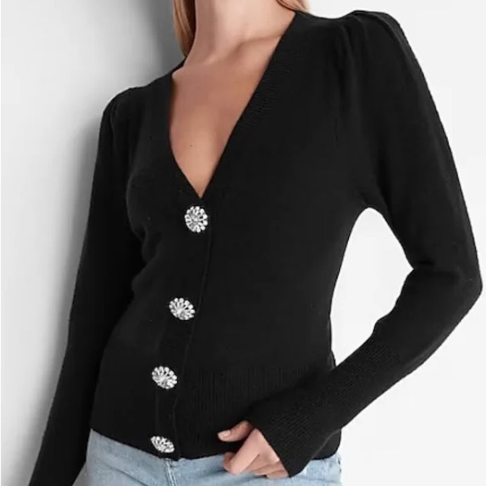 Express Black Jewel Embellished Faux Button Puff Sleeve Cardigan